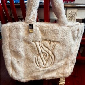 Victoria's Secret Plush Faux Fur Tote in Cream large